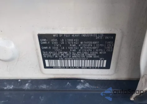 2014 Subaru Outback 2.5I Limited from USA, damaged, VIN 4S4BRCPC5E3314017